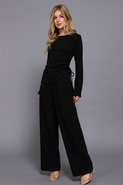 Long Sleeve Round Neck Side Ruched Two Tone Texture Knit Top