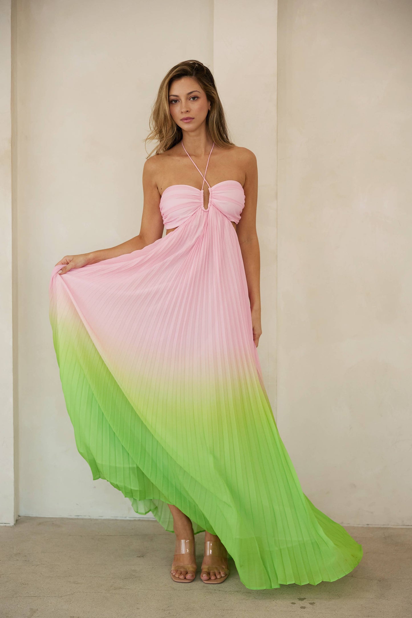 LD1065 Sweetheart neck pleated maxi halter dress: Pink/Lime / Contemporary / M
