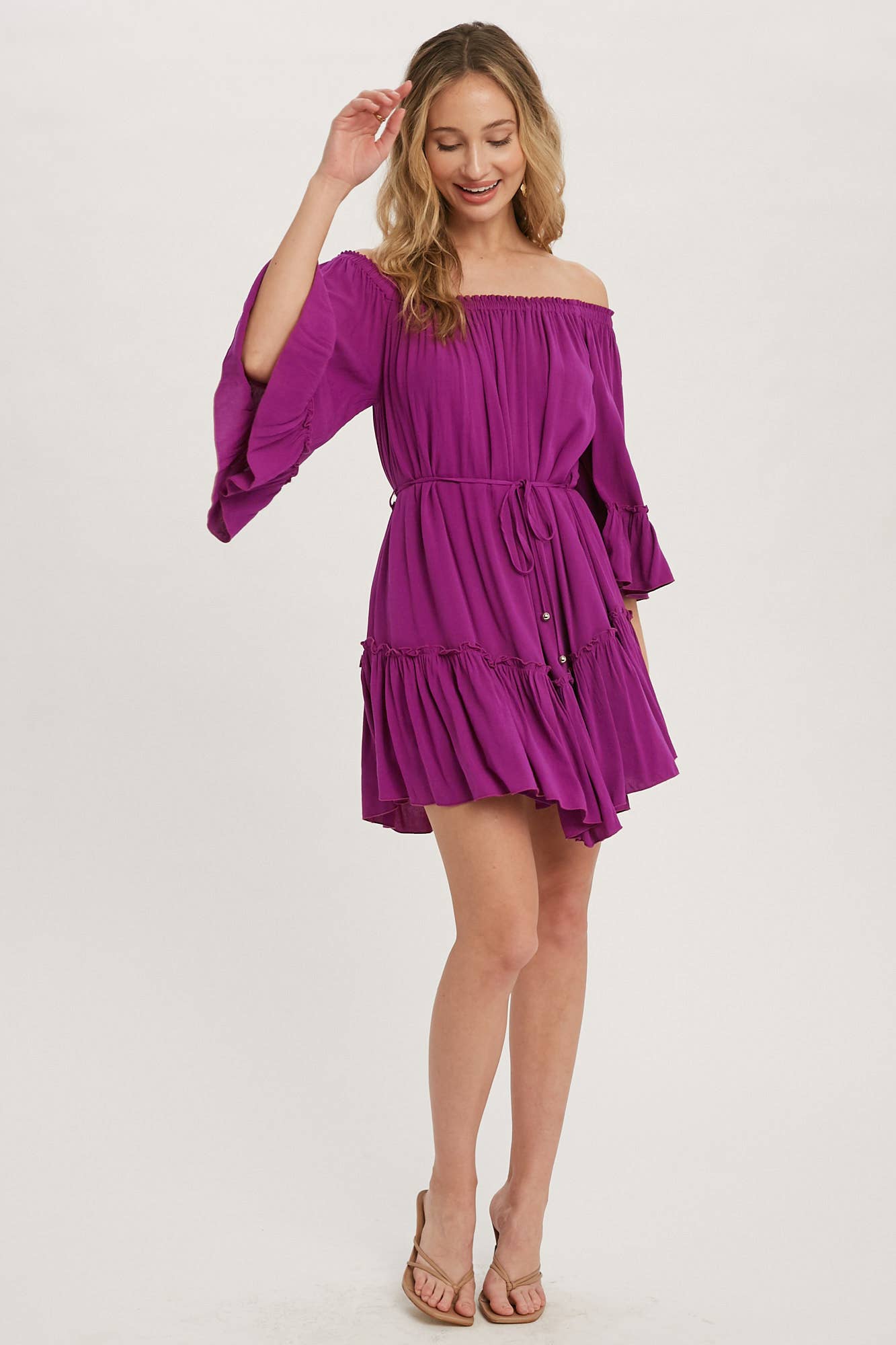 RUFFLED SOLID BOHO DRESS: ORCHID / M