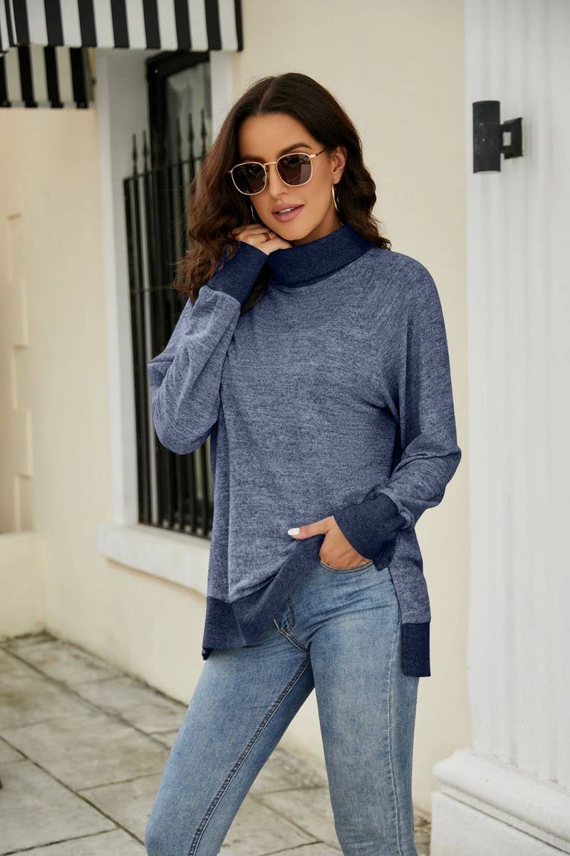 WOMEN HIGH TURTLE NECK LONG SLEEVE JUMPER TOP_CWTBLL0185: Blue / (S) 1