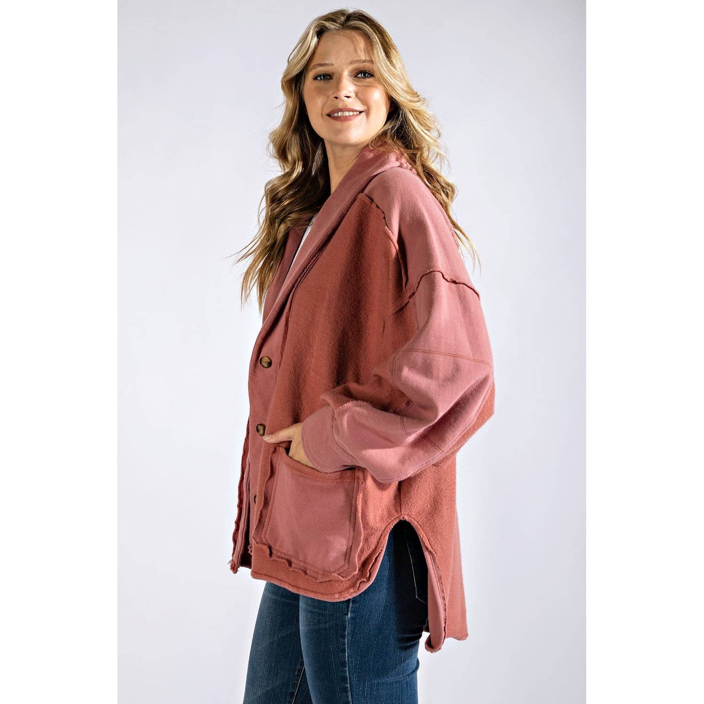 COTTON FRENCH TERRY MINERAL WASHED JACKET: Brick / S