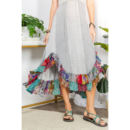 Sun-Kissed Patchwork: Smocked Bliss Boho Mid-Length Dress 