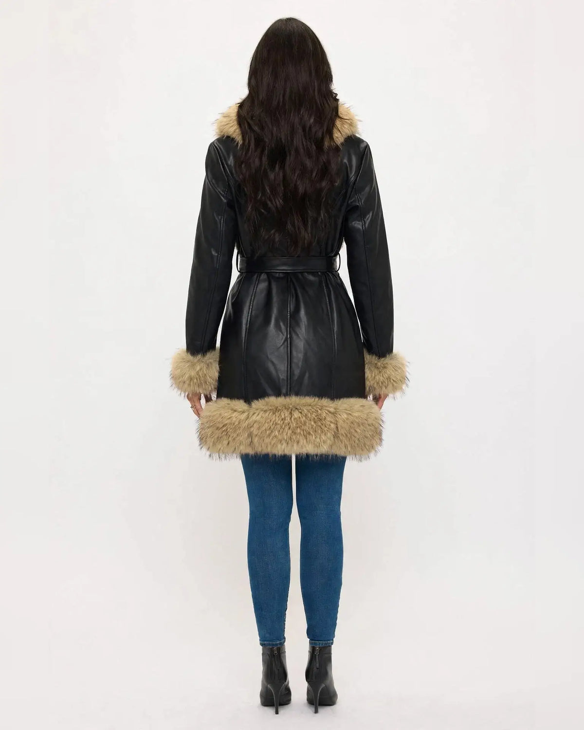 CLAPC0018: Women's Faux Leather Coat, Faux Fur Contrast Trim
