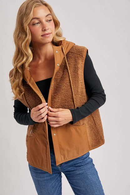 SHERPA FLEECE HOODED VEST WITH FAUX SUEDE INNER