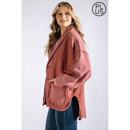 PLUS COTTON FRENCH TERRY MINERAL WASHED JACKET: Mocha / 1X