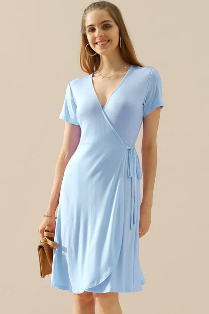 CWDSD10372_V NECK CASUALSHORT SLEEVE WRAP DRESSES
