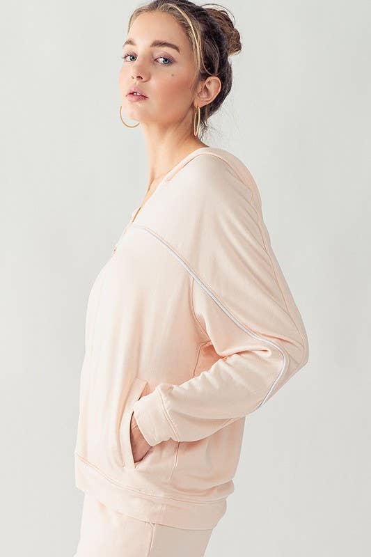 KJR11898 HOODED ZIP UP OUTER SEAM SWEATER: SURF SPRAY / S-2/M-2/L-2