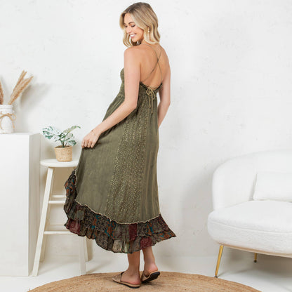 Sun-Kissed Patchwork: Smocked Bliss Boho Mid-Length Dress 