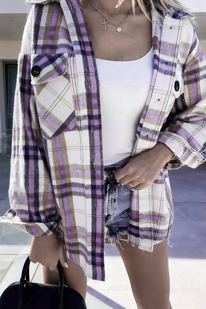 Plaid Single-breasted Detachable Hooded Shacket TOPW1575