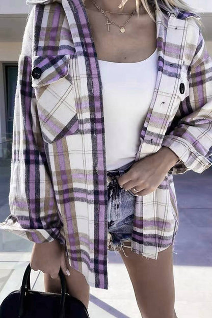 Plaid Single-breasted Detachable Hooded Shacket TOPW1575