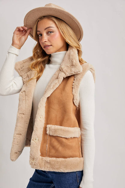 FAUX SUEDE WITH FAUX SHEARLING LINING TRIM VEST