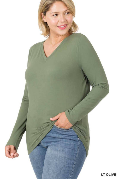 Plus Size Brushed Microfiber Long Sleeve V-neck Tee