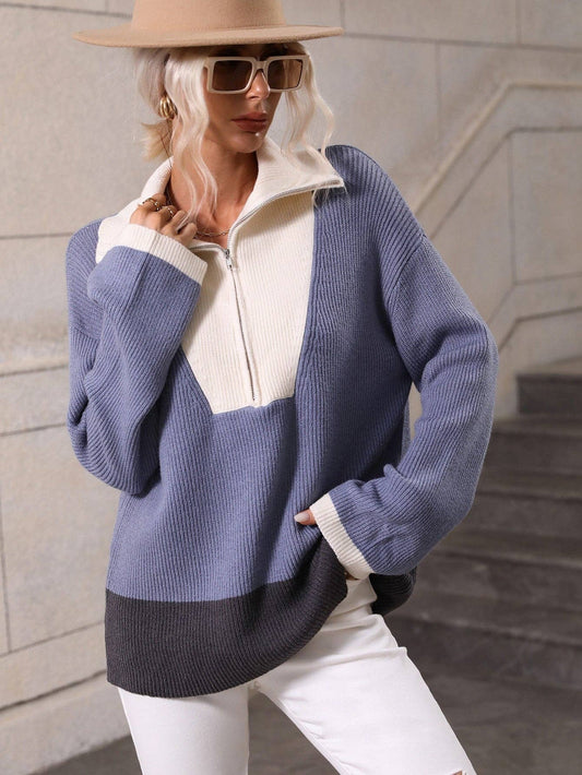 Color Block Half-Zip Dropped Shoulder Knit Pullover: Blue / S