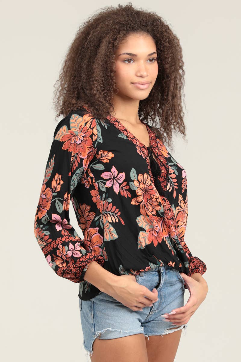 C2D66-A921 SURPLUS NECKLINE LONG SLEEVE PRINTED BLOUSE