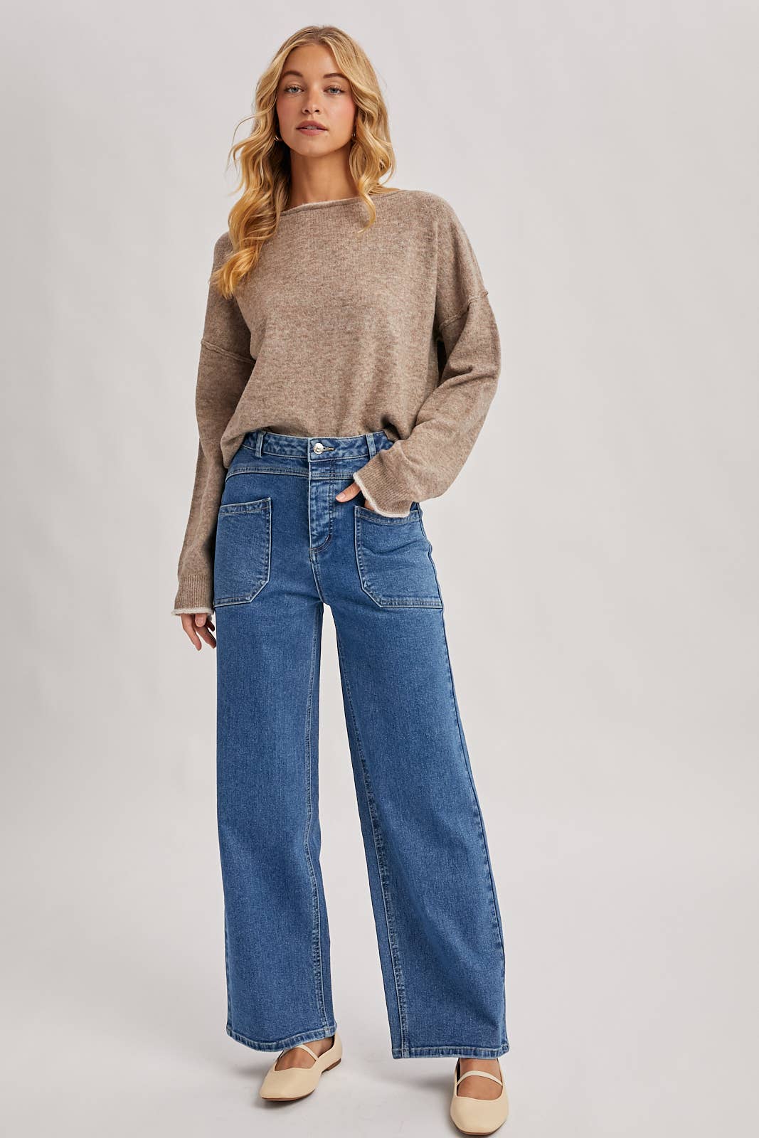 BOAT NECK ROLLED TRIM SOFT HEATHERED KNIT PULLOVER