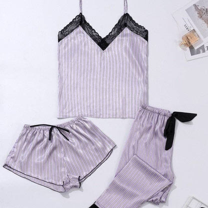 3 Piece Pajamas Stripe Pajamas Sets Women Lace Strap: Silver / S