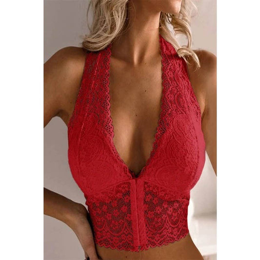 WOMEN FRONT CLOSURE LACE TOP PUSH UP BRALETTE: RED / S