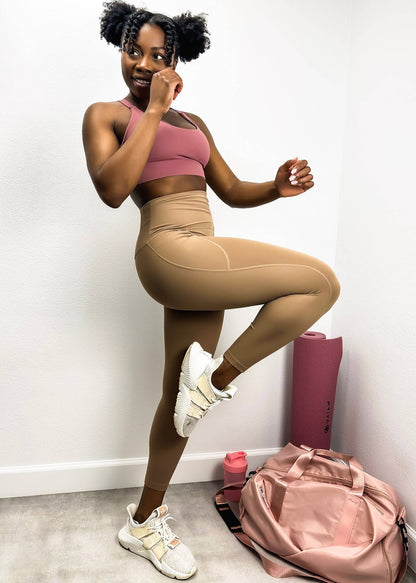 Soft Buttery High Waisted Fitness Leggings with Pockets: Cacao / Large 8-10