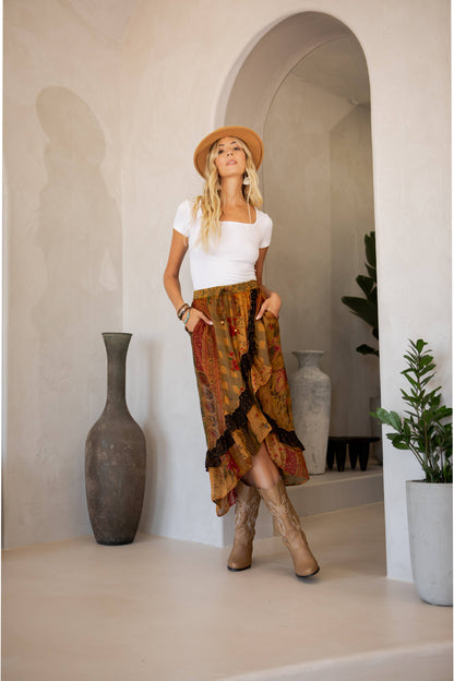 Boho Fusion: Ruffled wrapped look Fit&Flare Midi Skirt