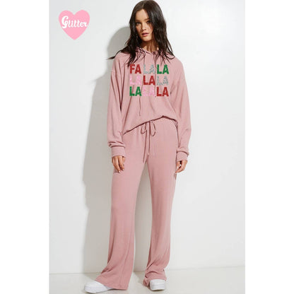 Falalala glitter print rib Hoodie loungewear set