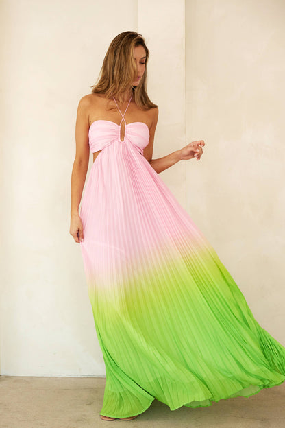 LD1065 Sweetheart neck pleated maxi halter dress: Pink/Lime / Contemporary / L