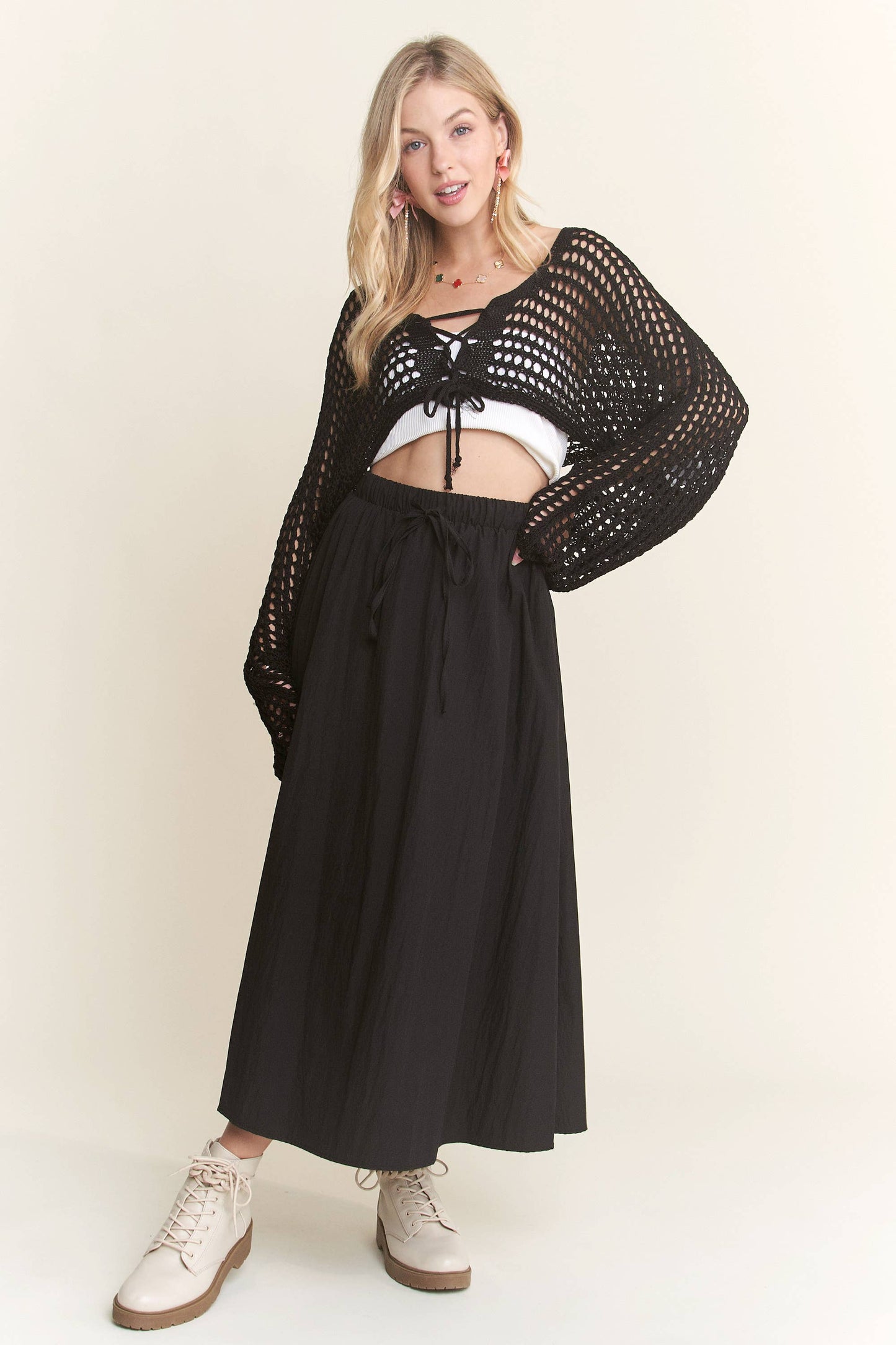 CET3695 - FRONT LACE UP CROCHET BOLERO TOP