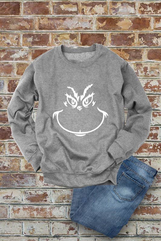 Grinch Face, Christmas, Unisex Crewneck Fleece Sweatshirts: Charcoal / S