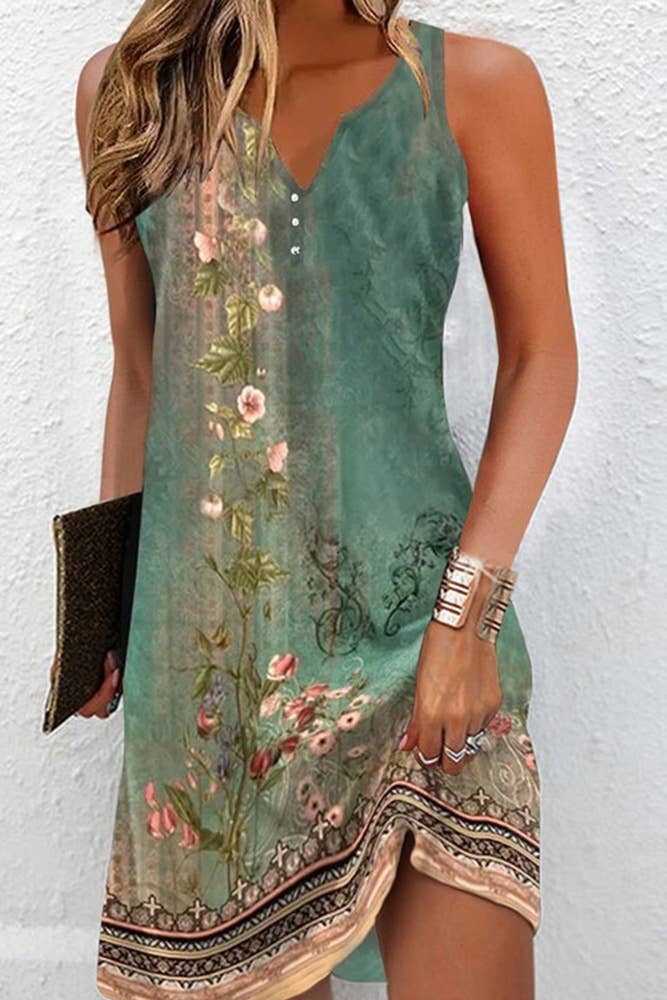 Printed V Neck Button Sleeveless Dress CK09: 07 / XL