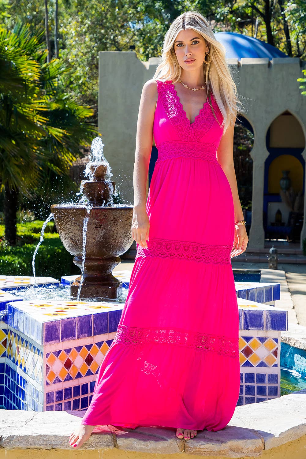 CROCHET LACE WOVEN MAXI DRESS: SLATE BLUE / S