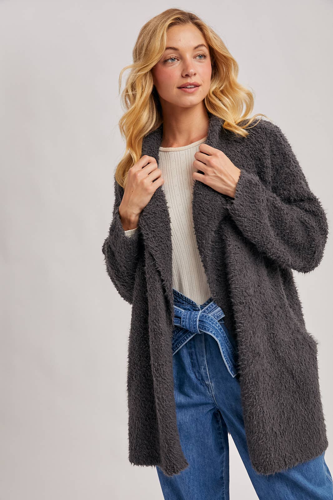 SOFT FUZZY DRAPE FRONT CARDIGAN