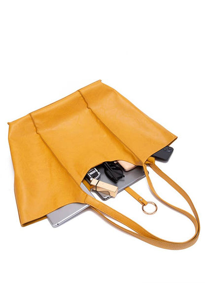 Solid Color Large Capacity Leather Tote Bag MOQ 3PCS MG014: Black / One Size