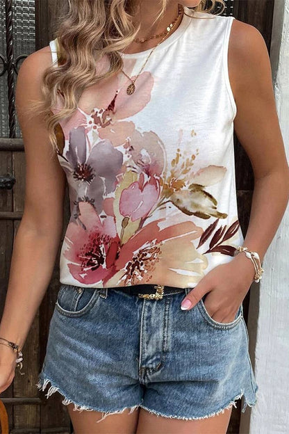Placement Paint Floral Print Tank Top AXR046: White / L
