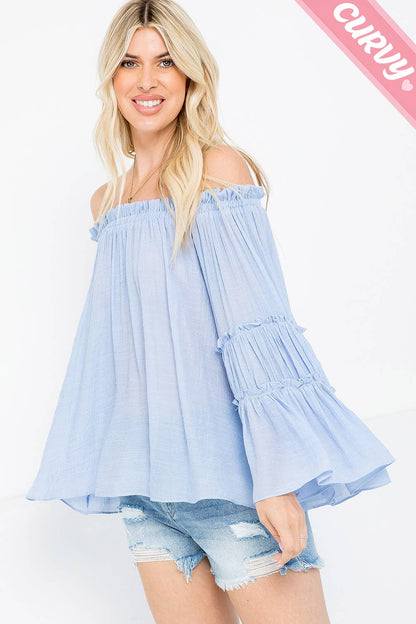 PLUS SIZE  OFF SHOULDER TIERED SLEEVE TOP: ICE BLUE / Plus Size / 3XL