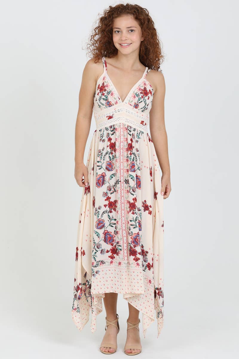 C4B17-A652 V NECK HANKY HEM MIDI DRESS WITH LACE WAIST
