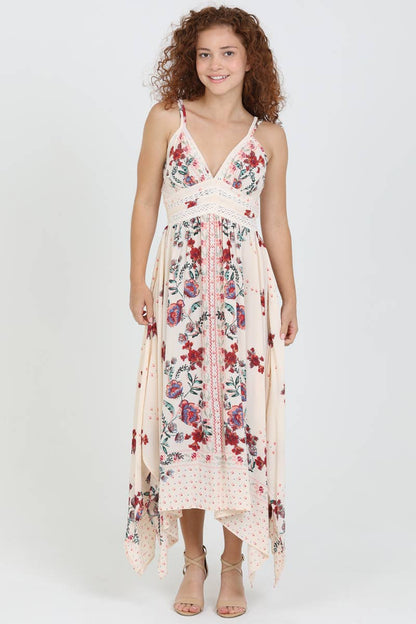 C4B17-A652 V NECK HANKY HEM MIDI DRESS WITH LACE WAIST