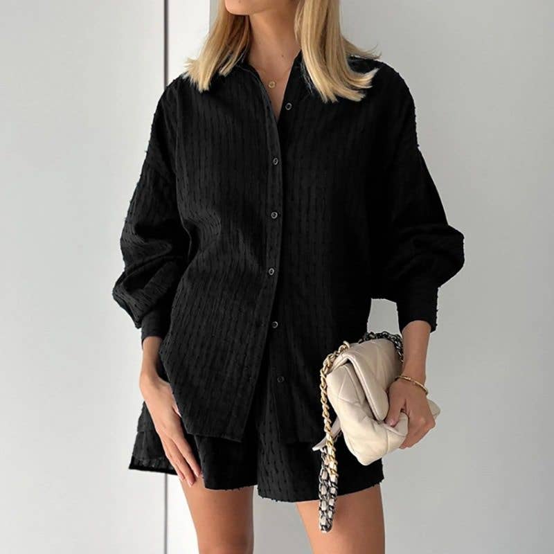 Summer Women's Blouse Bubble Sleeve Shorts Set