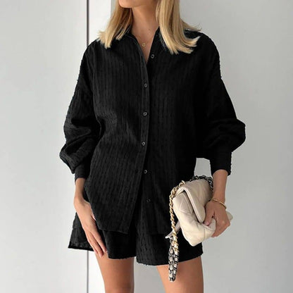 Summer Women's Blouse Bubble Sleeve Shorts Set