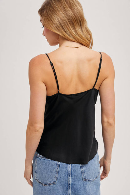 LACE-TRIMMED SATIN V-NECK CAMISOLE TOP
