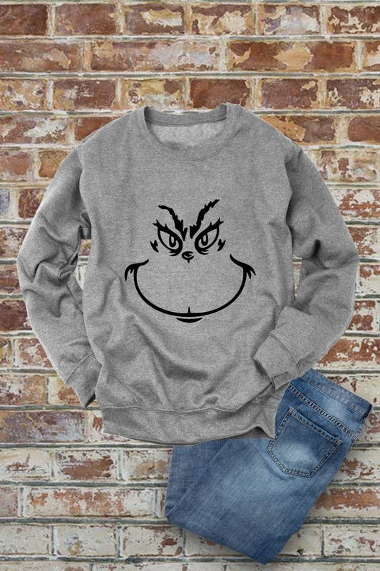 Grinch Face, Christmas, Unisex Crewneck Fleece Sweatshirts: Charcoal / S