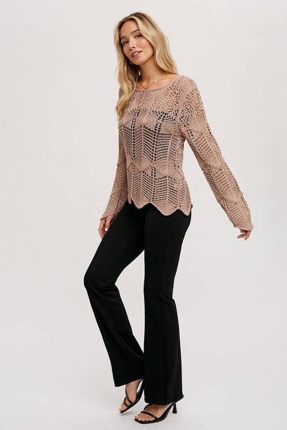 Open Knit Sweater Pullover - Scallop Hem: LATTE / L