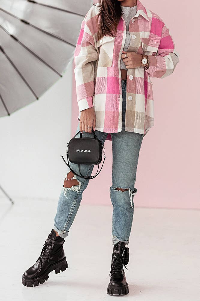 Colorful Open Button Pockets Plaid Shackets FHB012