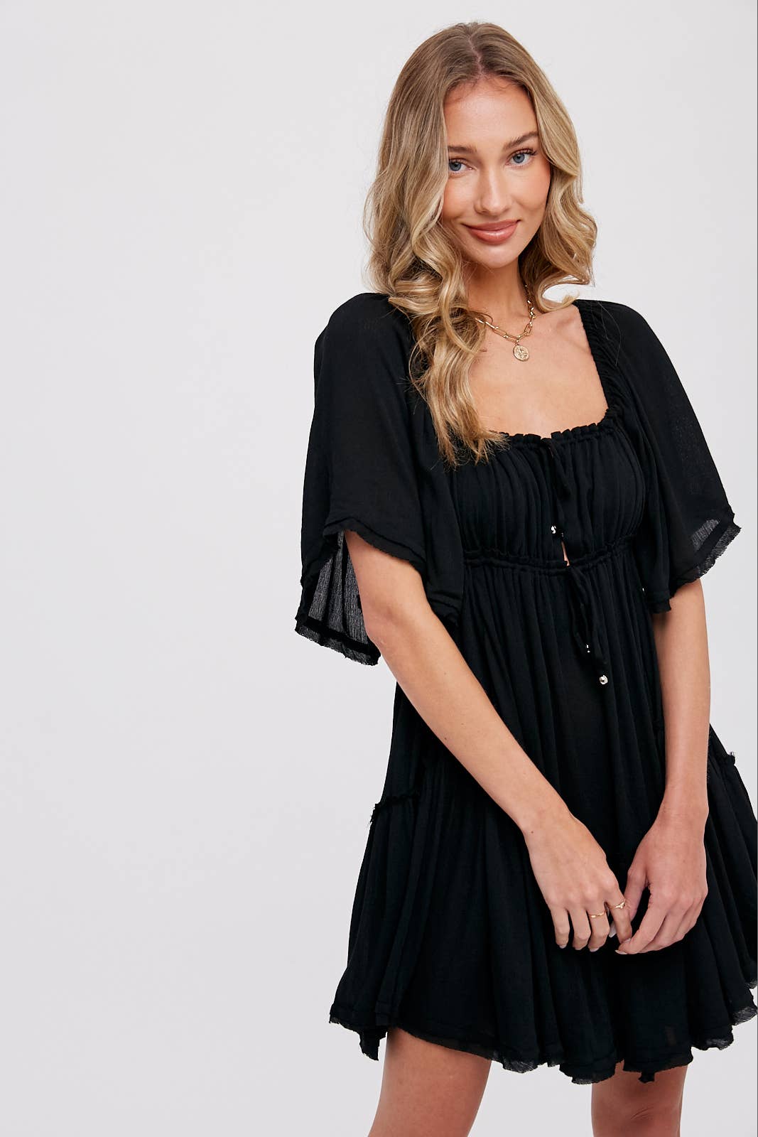RUFFLE HEM  RUCHED MINI DRESS