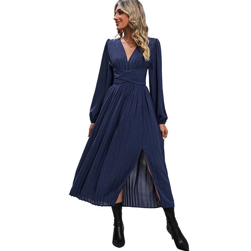 Long Sleeve Solid Color A-Line Midi Dress
