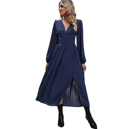 Long Sleeve Solid Color A-Line Midi Dress