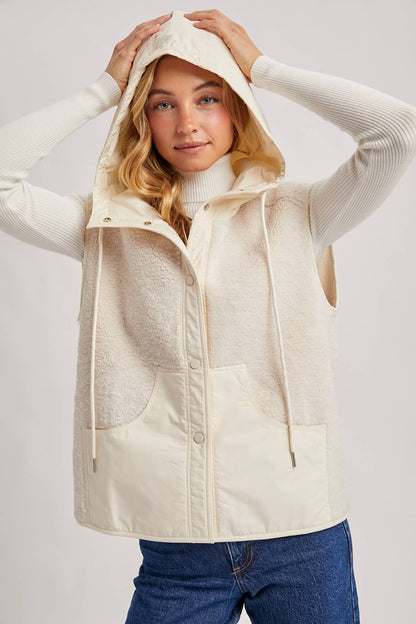 SHERPA FLEECE HOODED VEST WITH FAUX SUEDE INNER