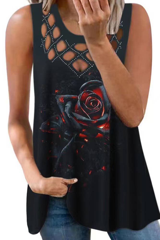 Hollow Out Gradiant Print Tank Top ZZKF1036: Black / S