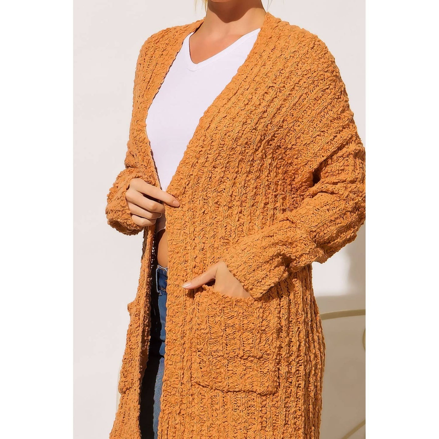 RIBBED POPCORN KNIT LONG OPEN HOODIE CARDIGAN: Adobe / ML