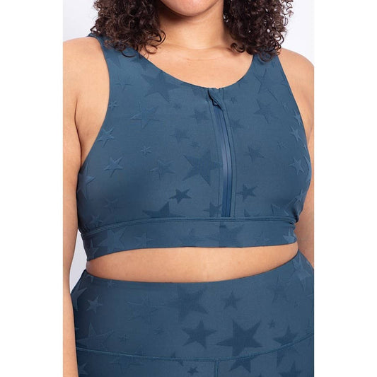 PLUS SIZE ACTIVEWEAR STAR PRINT FRONT ZIP SPORTS BRA: Navy / XL