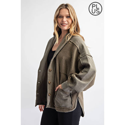 PLUS COTTON FRENCH TERRY MINERAL WASHED JACKET: Mocha / 2X