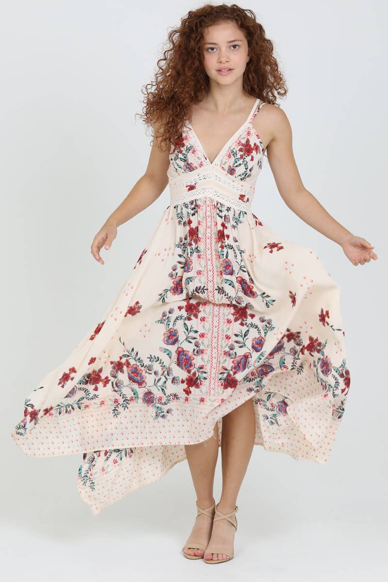 C4B17-A652 V NECK HANKY HEM MIDI DRESS WITH LACE WAIST